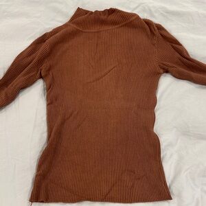 Brown Ribbed Mock Neck Sweater